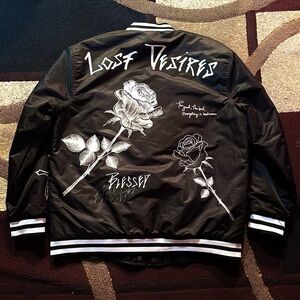 Lost Desires Black/White Varsity Jacket with Rose Design